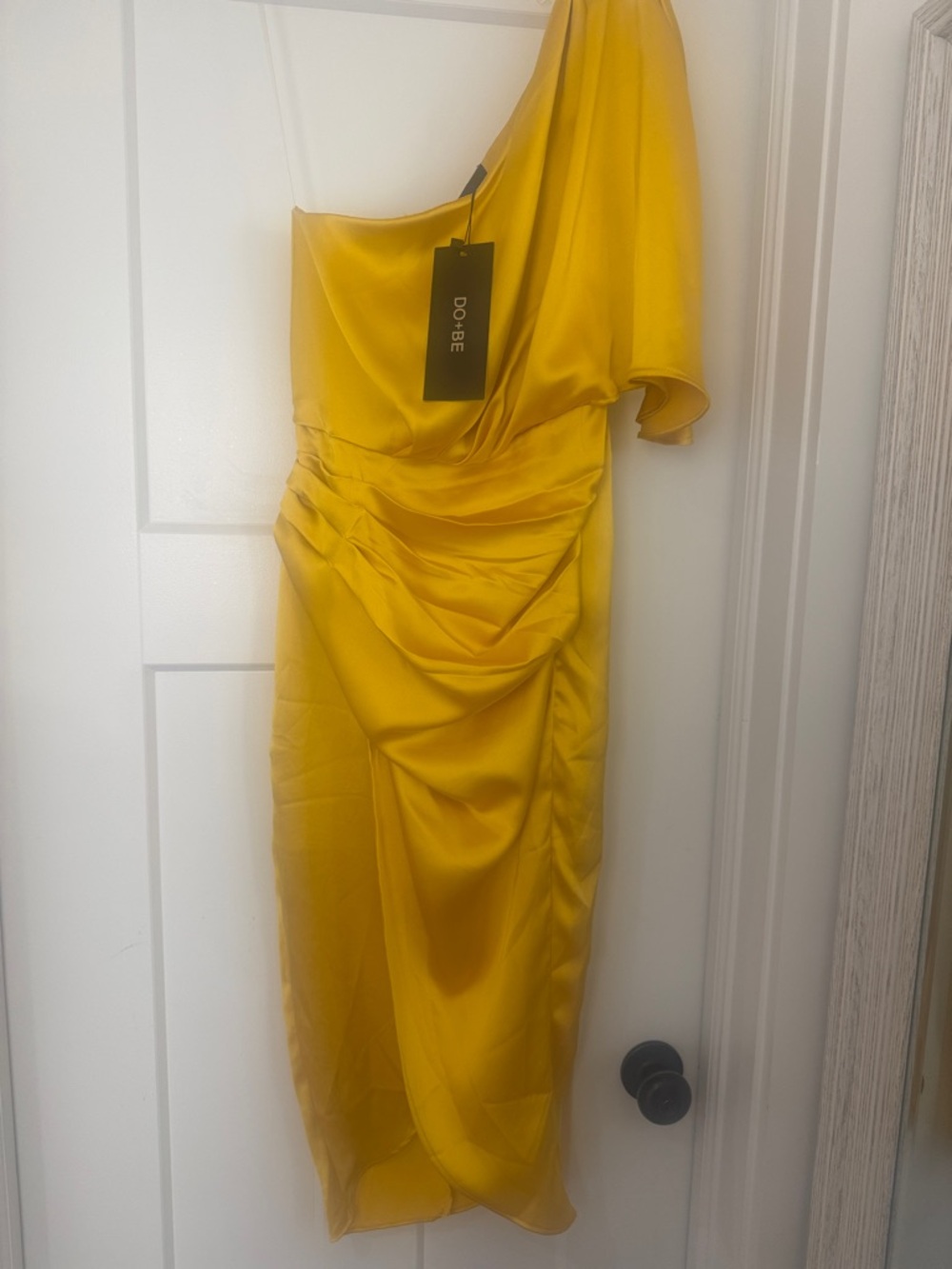 DO+BE One-Shoulder Draped Satin Midi Dress in Mustard Yellow